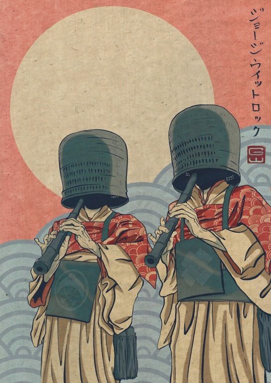 Komuso monks, with wicket baskets on their heads playing the shakuhachi